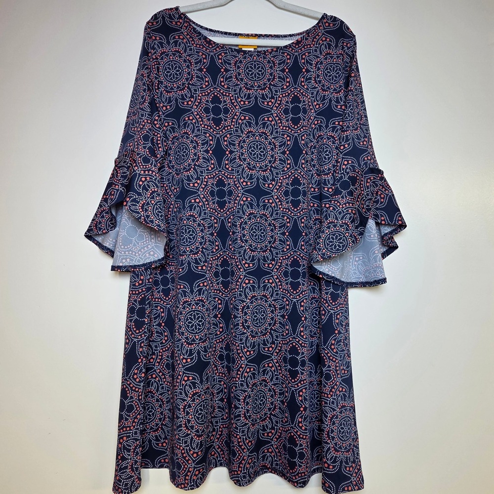 Ruby Rd Womens Navy Blue Coral Medallion Print Bell Sleeve Shift Dress Large